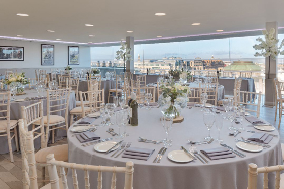 Round tables for wedding breakfast at SKYBar Doubletree Hilton Edinburgh City Centre